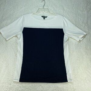Lauren Ralph Lauren Top Womens XL Navy Blue Cream Stretch Short Sleeve Shirt